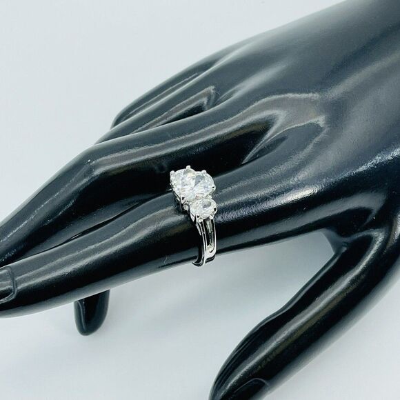 Trilogy Cubic Zirconia.Three Stone Trinity Engagement Ring Marked JA Silver Tone - Picture 3 of 12